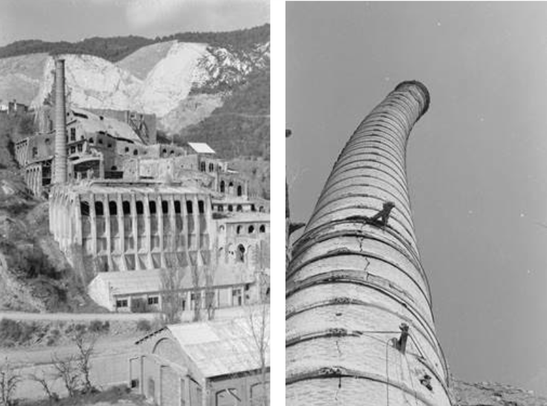 La fàbrica de ciment Asland i la seva xemeneia, en estat d’abandonament. © Arxiu MNACTEC, Rafel Freixa